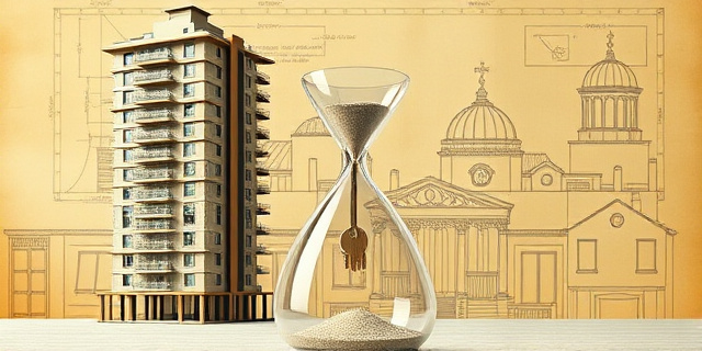 Una ilustración conceptual y satírica. Un edificio de apartamentos moderno que está cortado exactamente por la mitad verticalmente; una mitad es lujosa y terminada, la otra mitad es solo un dibujo a lápiz sobre un plano arquitectónico viejo y amarillento. Al fondo, un reloj de arena gigante donde en lugar de arena caen llaves de casas, pero el cuello del reloj es demasiado estrecho. Estilo editorial de revista económica, colores sobrios con contrastes fuertes.