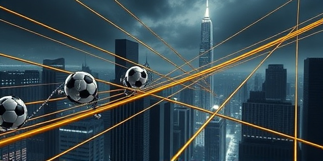Una imagen abstracta que represente una selección de fútbol (sin jugadores identificables) atrapada en una red de cables dorados que se extienden a través de un paisaje urbano futurista con rascacielos amenazantes. Tonos oscuros y contrastados, simbolizando la presión financiera y la incertidumbre.