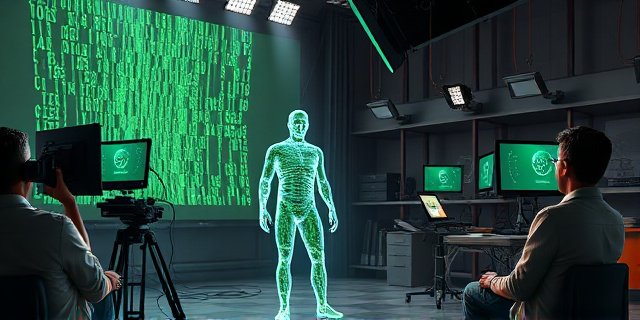 Una ilustración satírica de un set de filmación de cine donde el actor principal es un holograma glitchy y transparente hecho de código verde, mientras un equipo de directores humanos agotados y sudorosos intentan ajustar cables y pantallas para que el holograma parezca humano. Estilo editorial moderno, colores contrastados, atmósfera de oficina tecnológica fría.