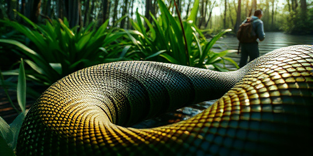 Imagen conceptual que representa un paisaje pantanoso exuberante, con un primer plano de una piel de serpiente arremolinada en tonos verdes y marrones. Se insinúa la figura de una persona en la distancia, con un equipo de caza, pero sin mostrar rasgos faciales. La iluminación es dramática, con contrastes de luz y sombra que evocan misterio y peligro. Estilo artístico: hiperrealismo con toques de fantasía.