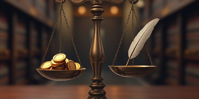 Una balanza de la justicia con una mano llena de monedas de oro y la otra con una pluma rota. Estilo pictórico, sombras marcadas, colores oscuros y dorados. Fondo difuminado que sugiere un laberinto burocrático.