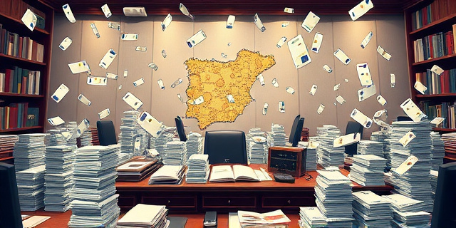 Una ilustración satírica de estilo editorial. Un escritorio gubernamental masivo y burocrático con montañas de papeles y sellos oficiales. Sobre el escritorio, miles de sobres de cheques volando hacia el aire, transformándose en fantasmas transparentes que se desvanecen. Al fondo, un mapa del País Vasco hecho de billetes de euro que se están desintegrando. Colores contrastados, iluminación dramática, estilo caricatura política sofisticada.