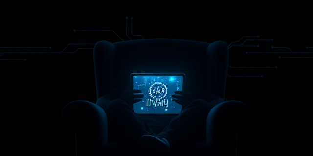 Una silueta humana sentada en un sillón, con un resplandor digital abstracto emanando de un iPad flotando frente a ella. Tonos fríos y de preocupación, con líneas que sugieren una invasión de la privacidad. Estilo: cyberpunk melancólico.