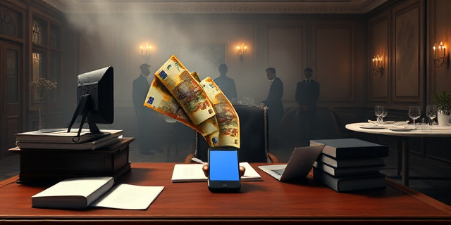 Una ilustración conceptual y satírica que represente la corrupción burocrática. Un escritorio de oficina gubernamental antiguo y pesado donde los expedientes oficiales se transforman en billetes de euro al pasar por un teléfono móvil moderno. De fondo, un grupo de siluetas anónimas en un restaurante lujoso, envueltas en una atmósfera de humo y secretos. Estilo editorial de revista política, colores contrastados, sombras profundas y un toque de ironía visual.