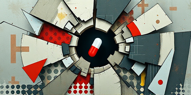 Una composición abstracta que represente la decepción y el engaño. Formas geométricas rotas y colores apagados, con una cápsula de medicamento en el centro, envuelta en sombras. Estilo expresionista, con pinceladas gruesas y texturas rugosas. La imagen debe evocar una sensación de vulnerabilidad y desconfianza.