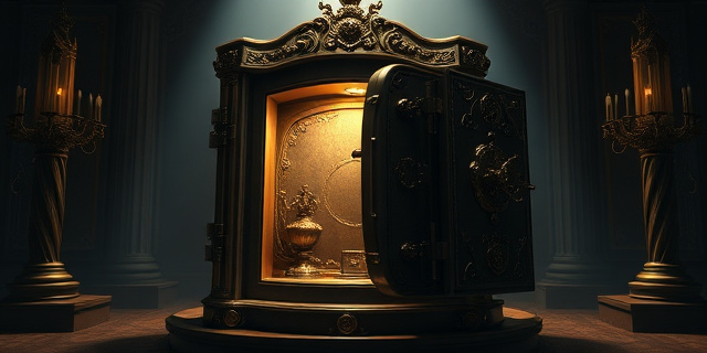 Una caja fuerte abierta, con un brillo dorado que emana de su interior. Joyas dispersas, pero no ostentosas, sino como un tesoro escondido a la luz. Fondo oscuro y texturas que sugieran misterio y secreto. Estilo pictórico, realista pero con un toque de irrealidad, evocando la sensación de algo prohibido.