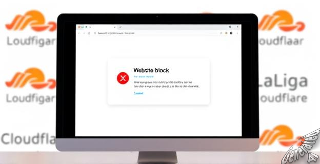 Una imagen de una pantalla de computadora con un mensaje de error de bloqueo de sitio web, con un logo de LaLiga y Cloudflare en el fondo.