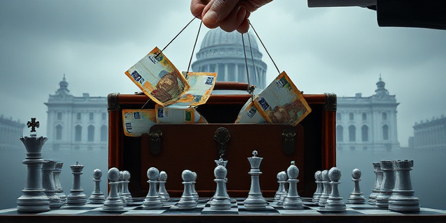 Una ilustración conceptual y satírica. Un maletín de cuero antiguo abierto del que emergen billetes de euro que se transforman en cables de fibra óptica y mensajes de chat cifrados. De fondo, la silueta de un edificio gubernamental gris y frío, con una mano invisible moviendo hilos de marioneta sobre un tablero de ajedrez donde las piezas son logos industriales y sellos oficiales. Estilo editorial de revista financiera, colores contrastados, atmósfera de intriga.