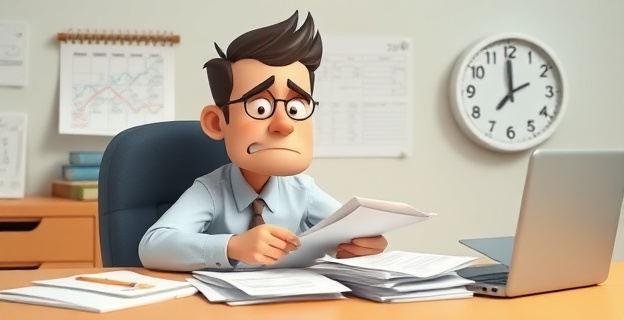 Una imagen que represente a un autónomo trabajando en su escritorio, rodeado de papeles y facturas, con una expresión de frustración en su rostro. En el fondo, un calendario con fechas tachadas y un reloj que marca el tiempo que dedica a tareas administrativas.