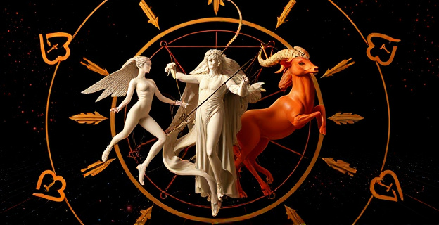 Una representación artística de tres figuras zodiacales (Géminis, Sagitario y Aries) rodeadas de símbolos astrológicos y elementos que reflejen su naturaleza inquieta e independiente, como flechas que apuntan hacia afuera, representando la búsqueda de libertad y novedad.