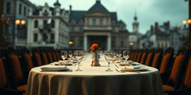 Una mesa de comedor ricamente servida, con un mantel elegante y cubiertos de plata, pero con un fondo difuminado que representa edificios gubernamentales en ruinas. La iluminación es dramática, con sombras profundas que sugieren corrupción y despilfarro. Estilo hiperrealista, colores contrastantes.