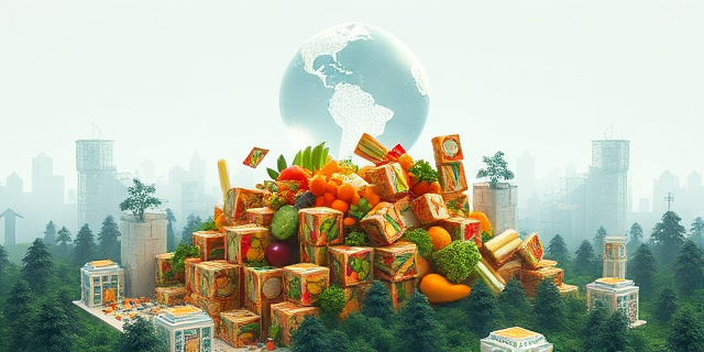Una ciudad futurista hecha de cubos de comida, con un planeta de cristal flotando sobre ella, simbolizando la tensión entre el crecimiento humano y la capacidad ecológica. Alrededor, sombras de árboles que se desvanecen como si fueran datos que se evaporan.
