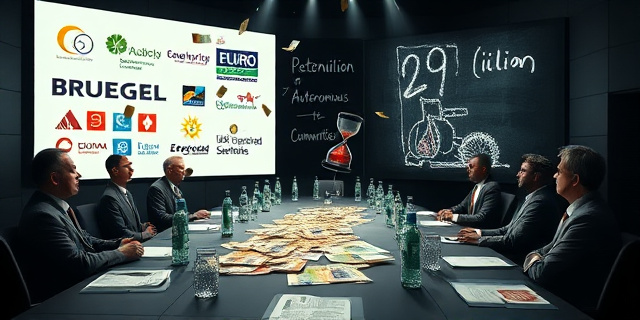 
  Una mesa de Consejo de Ministros iluminada por focos dramáticos, con un montón de billetes de euro flotando en el aire como confeti, mientras en una pantalla gigante se ven logos de think tanks europeos (Bruegel, secretarías iberoamericanas) y un niño con silla de ruedas dibujado en un pizarrón borroso. Al fondo, un reloj de arena que marca ‘29 millones’ cayendo hacia un agujero negro etiquetado ‘CCAA’. Estilo: pintura al óleo realista con toques de surrealismo político, paleta de colores fríos (azules institucionales) y rojos sanguíneos en los bordes de los documentos. Texturas: papel arrugado, tinta que se corre, y un brillo metálico en los billetes. Sin rostros reconocibles, solo siluetas con corbatas y trajes grises.
  