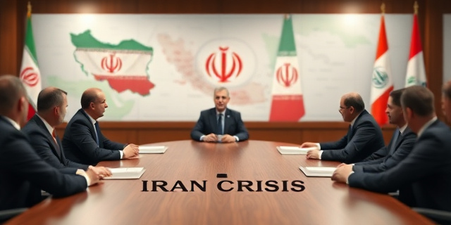 Un primer plano de una mesa de reuniones con varios políticos sentados, con un mapa de Irán en la pared de fondo y un titular de periódico que dice 