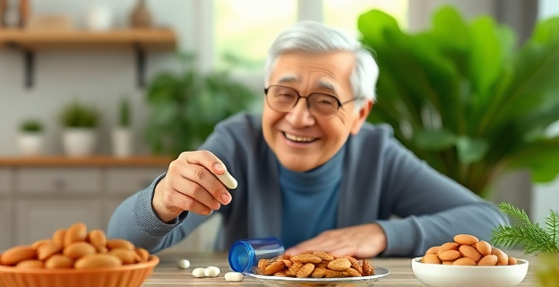 Una representación visual de un anciano sonriente tomando un suplemento de magnesio, con una mesa de fondo llena de alimentos ricos en magnesio como almendras, nueces y acelgas.