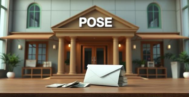 Edificio del PSOE con un sobre grande y dinero en efectivo en la mesa de una oficina