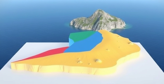 Imagen de una maqueta de Gibraltar con zonas de relleno marcadas en diferentes colores, mostrando la evolución territorial del enclave. Al fondo, una representación estilizada del mar y del Peñón.