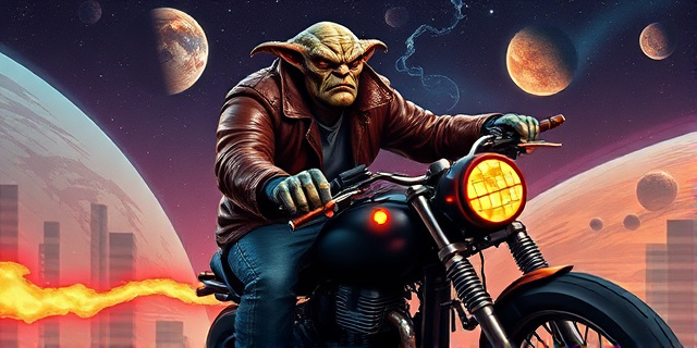 Ilustración digital, estilo cómic oscuro y vibrante. Un cazarrecompensas alienígena corpulento con una chaqueta de cuero desgastada, montado en una motocicleta futurista que deja una estela de energía. El fondo muestra un paisaje cósmico de nebulosas y planetas distantes. El personaje tiene una expresión sardónica y sostiene un puro humeante.