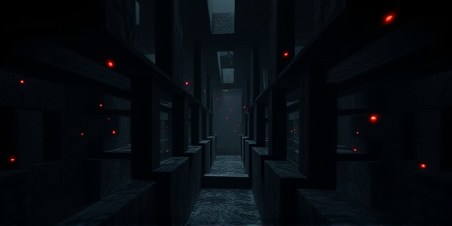 Una representación abstracta de un laberinto oscuro y claustrofóbico, con pequeñas luces rojas que simbolizan chinches. La atmósfera debe ser opresiva y transmitir una sensación de abandono y desolación. Estilo pictórico, colores apagados, texturas rugosas.