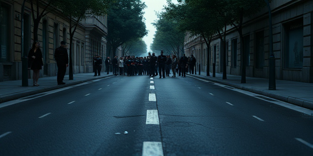 Una imagen de una calle vacía y oscura, con una patrulla de la Guardia Civil en el fondo, y un grupo de personas reunidas en la distancia, con expresiones de preocupación y miedo.