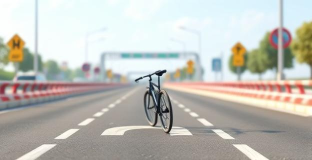 Imagen de un carril bici con una bicicleta y señales de tráfico en el fondo, con un ambiente de supervisión y seguridad vial
