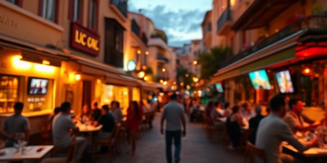 Una calle pintoresca de un pueblo costero mediterráneo al anochecer. Las luces cálidas se derraman desde los bares y restaurantes. En las terrazas, siluetas difusas de personas mirando pantallas, creando una atmósfera festiva y relajada. Un ligero desenfoque sugiere movimiento y energía, sin mostrar rostros ni detalles identificativos. Paleta de colores cálidos: ocres, naranjas, dorados y azules profundos. Estilo pictórico impresionista.