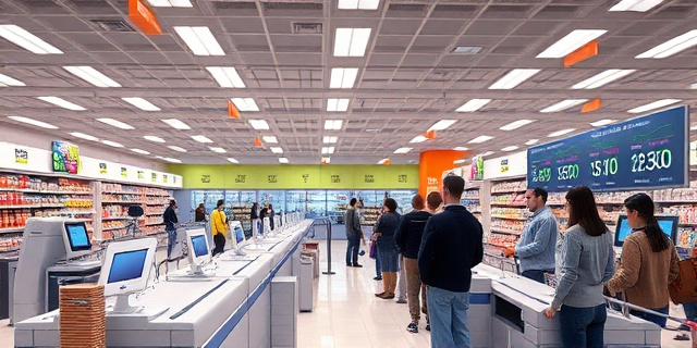 Un supermercado con varias filas de cajas, gente alineada frente a máquinas de punto de venta, luces fluorescentes, carteles de precios, un cajero digital en la fila rápida con pocos artículos, una pantalla con contadores de tiempo, un flujo de clientes cambiando de fila, gráficos de líneas ascendentes sobre la velocidad de colas
