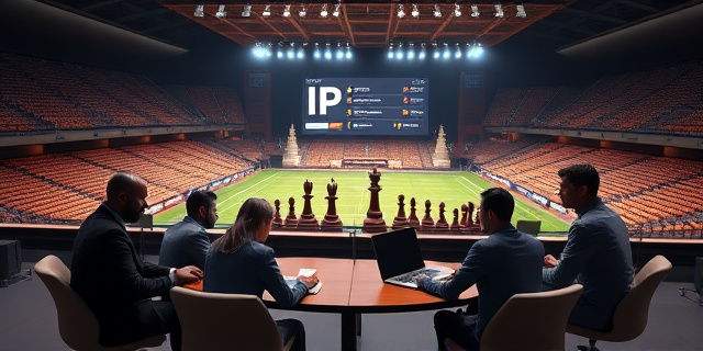 Un tribunal de justicia se alza sobre un estadio de fútbol con luces intermitentes. En el fondo, una gran pantalla muestra direcciones IP como fichas de ajedrez, bloqueadas por líneas de código que se cruzan como redes de tráfico. Un grupo de empresarios, con laptops abiertas y expresiones de frustración, se sientan alrededor de una mesa de madera mientras la policía digital, representada por símbolos de redes, vigila la escena.