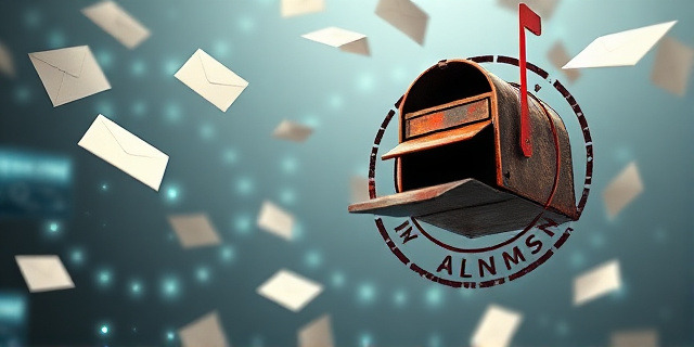 Una ilustración conceptual de un buzón de correos antiguo y oxidado flotando en un espacio digital moderno, con sobres de papel volando alrededor y un sello de identidad gigante marcando el aire, estilo editorial satírico, colores contrastados.