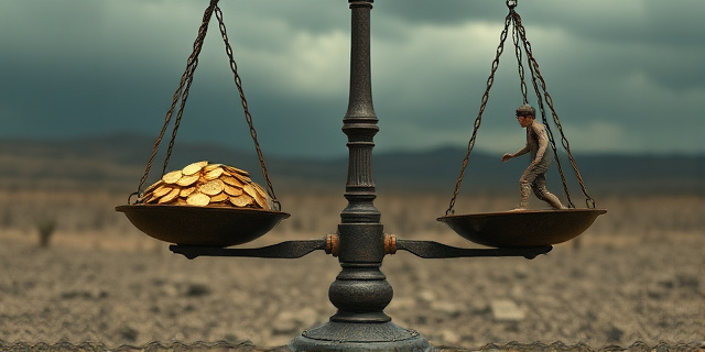 Una balanza antigua, oxidada, inclinada hacia un lado donde hay pilas de monedas doradas. Al otro lado, una figura humana pequeña y descolorida, luchando por mantener el equilibrio. El fondo es un paisaje árido y desolado, con un cielo plomizo y amenazante. Estilo pictórico, óleo sobre lienzo, colores apagados y contrastantes.
