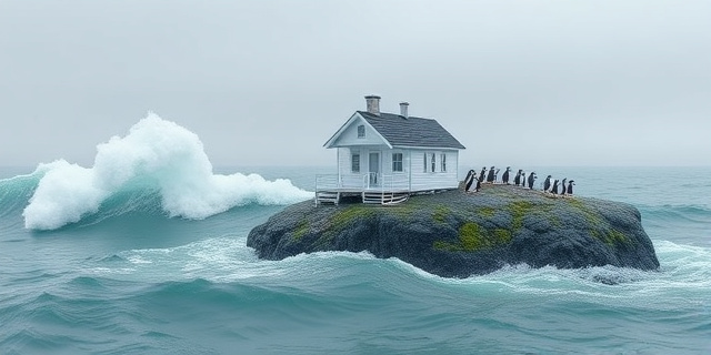 Una casa de madera blanca, enloquecida en una isla rocosa rodeada de olas enormes y cielo gris. Alrededor, un mar turquesa y una multitud de puffins que se posan en las rocas. No hay personas visibles, solo la silueta de la casa y la naturaleza salvaje.