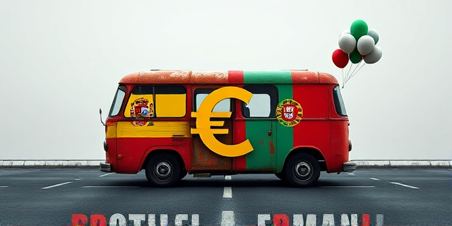 Una ilustración satírica y conceptual. Un autobús antiguo y oxidado dividido por la mitad: un lado tiene una bandera de España y el otro una de Portugal. El lado español tiene un signo de euro gigante y pesado que hunde el autobús en el asfalto, mientras que el lado portugués flota ligeramente con globos ligeros. Fondo minimalista de carretera infinita, estilo editorial de revista periodística, colores contrastados, sin rostros humanos.