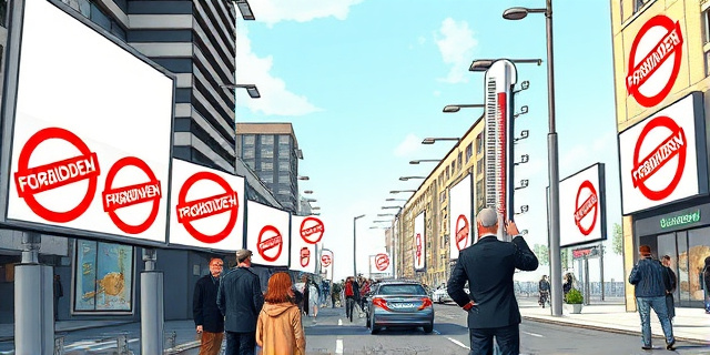 Una ilustración satírica de una calle europea moderna donde las vallas publicitarias están cubiertas por grandes sellos rojos de 