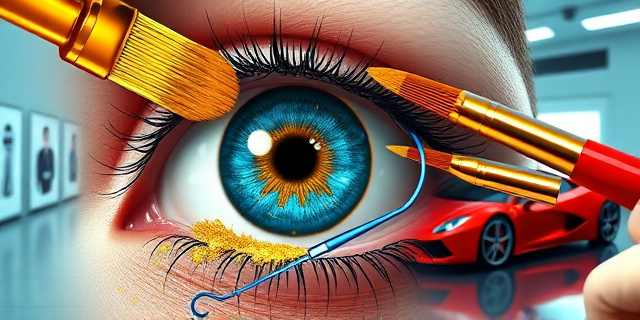 Una ilustración surrealista y satírica de un ojo humano siendo pintado con un pincel artístico dorado. El iris tiene colores artificiales brillantes como azul eléctrico y oro. Alrededor del ojo, elementos de lujo como un coche deportivo rojo y herramientas quirúrgicas brillantes, todo sobre un fondo clínico pero con estética de galería de arte moderno. Estilo conceptual, sin rostros humanos completos.