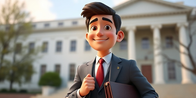 Un hombre sonriente con un traje y corbata, sosteniendo un maletín y con un fondo de un edificio gubernamental
