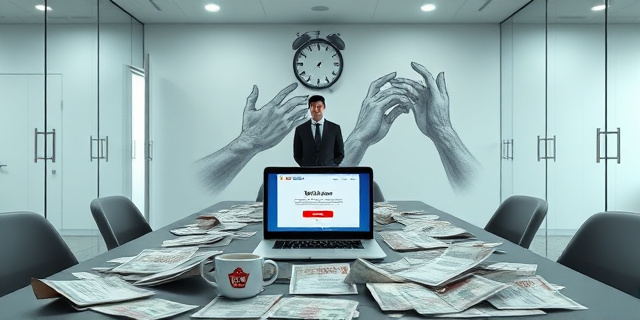 
  Una escena surrealista en un despacho vacío con paredes de cristal. En el centro, una mesa de reuniones con un montón de facturas arrugadas y sobres de dinero esparcidos como confeti. Sobre la mesa, un portátil abierto muestra una página web borrosa de Whathefav, con un mensaje de error en pantalla. Al fondo, una sombra difusa de un hombre con traje (sin rostro) observa desde la puerta entreabierta, mientras en la pared hay un mural abstracto de manos alcanzando billetes que se desvanecen en el aire. La luz es fría y artificial, como en una oficina abandonada. Detalles clave: un reloj de pared detenido en las 4:45 (hora del registro policial), un café frío en una taza con la palabra 