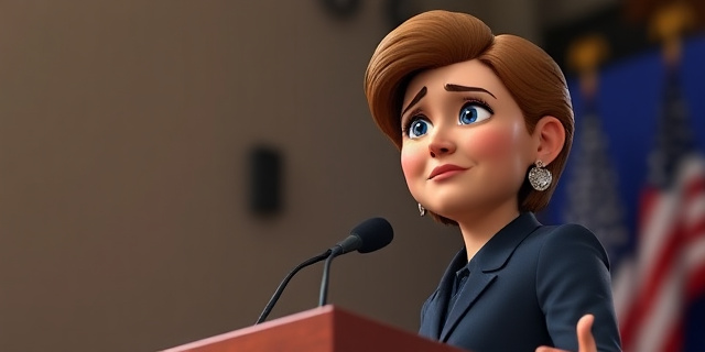 Una mujer política con una sonrisa confiada, pero con una sombra de duda en su rostro, mientras se dirige a un micrófono en un escenario político