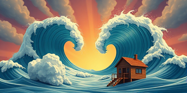 Una ilustración conceptual y satírica. Un recibo de luz gigante que se transforma en una ola tsunami a punto de aplastar una pequeña casa de verano con un ventilador antiguo. Estilo editorial de periódico, colores contrastados, atmósfera de calor sofocante y tensión financiera.