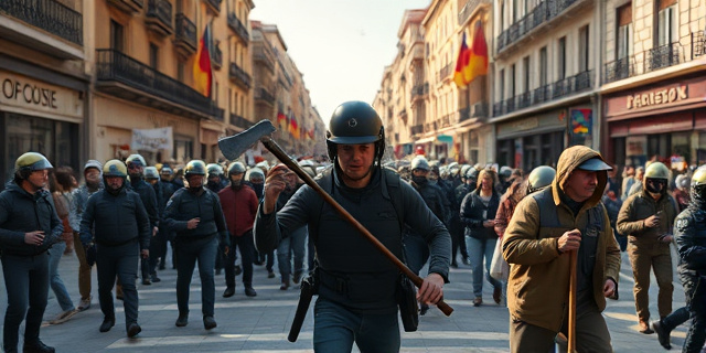 Una imagen de una ciudad española con una gran concentración de personas protestando en la calle, mientras una persona armada con un hacha es detenida por la policía en el fondo.