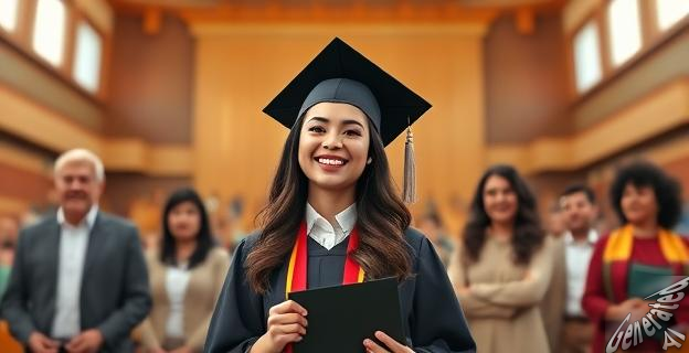 Imagen de una joven sonriendo con un diploma en mano, rodeada de familiares y amigos en el Aula Magna de la Universidad Nacional del Sur.