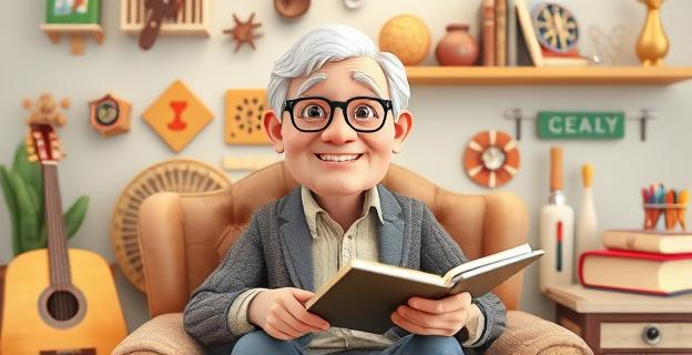 Una imagen de una persona anciana realizando una actividad cotidiana con una expresión de felicidad y vitalidad, rodeada de elementos que representan diferentes hobbies y pasatiempos, como instrumentos musicales, libros y herramientas de trabajo.