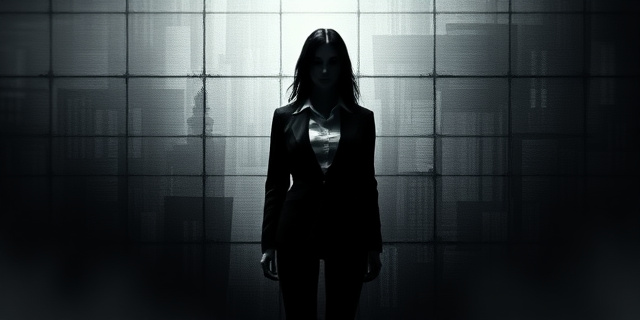 Ilustración abstracta que representa una silueta femenina desdibujada, vestida con un traje de hombre incompleto, emergiendo de un fondo de ruido estático de televisión. Predominan los tonos grises y negros, con un sutil foco de luz sobre la silueta que simboliza la fragilidad y la exposición. Estilo artístico: Expresionismo abstracto con toques de surrealismo.