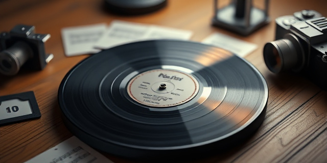 Un estudio de vinilo antiguo sobre una mesa de madera, con una luz tenue que resalta los relieves de la etiqueta y la textura del papel, rodeado de notas de música y una cámara de película clásica