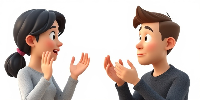 Una persona hablando con gestos y expresiones faciales que reflejan sus emociones, mientras otra persona escucha atentamente con una mirada empática.