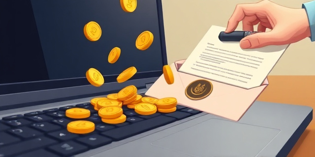 Una ilustración conceptual y satírica que muestra un teclado de computadora donde las teclas se transforman en monedas de oro que caen en un sobre con un sello oficial. Al fondo, un documento de contrato siendo editado por una mano invisible con un borrador, en un estilo de caricatura editorial moderna, colores sobrios con contrastos en dorado y azul institucional.