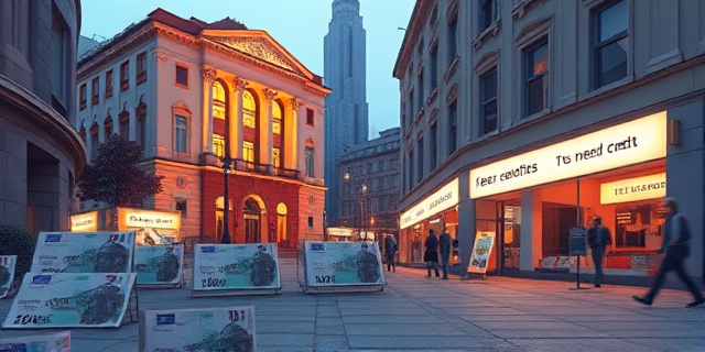 Un panorama urbano con una gran fachada de un edificio gubernamental iluminada por luces de neón que proyectan sombras de billetes de 10 € sobre la acera. Al fondo, un montaje de oficinas de pequeñas empresas con carteles que dicen ‘Necesitamos crédito’ y un fondo de color gris que sugiere la falta de flujo de dinero. La escena muestra una ciudad dividida entre el brillo del Estado y la penumbra de las empresas.