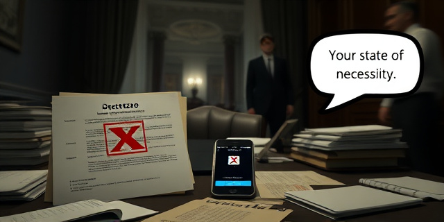 Un despacho de Moncloa desordenado, con papeles, un documento con sello “decretazo”, un smartphone con la app X abierta, una nota de la Sección Segunda y un globo de texto que dice ‘estado de necesidad’ sobre un fondo de la Casa de Moncloa, sin rostros, con luz tenue y atmósfera tensa.