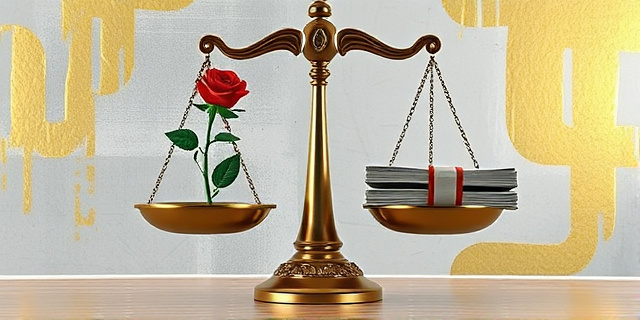 Imagen conceptual de una balanza de la justicia con una rosa estilizada (simbolizando 