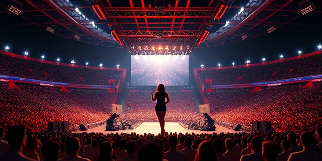 Una imagen de un estadio lleno de personas, con un escenario grande en el centro y una gran pantalla detrás del escenario. En el escenario, una figura femenina con el pelo largo y oscuro, cantando y bailando con pasión. En el fondo, la ciudad de Madrid iluminada por la noche.