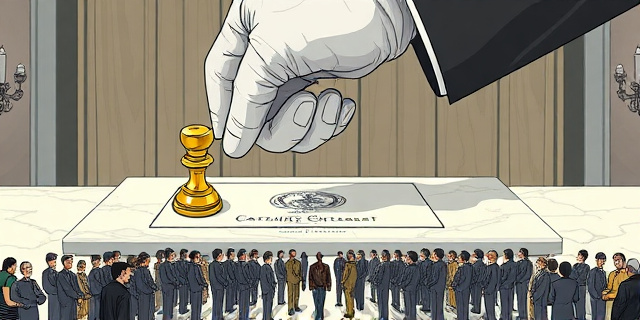 Una ilustración conceptual y satírica. Una mano gigante y enguantada de un burócrata sellando un contrato dorado sobre una mesa de mármol, mientras que debajo de la mesa hay una fila de personas comunes esperando en una cola infinita y gris. Estilo editorial de revista económica, colores contrastados, atmósfera de opulencia frente a precariedad.